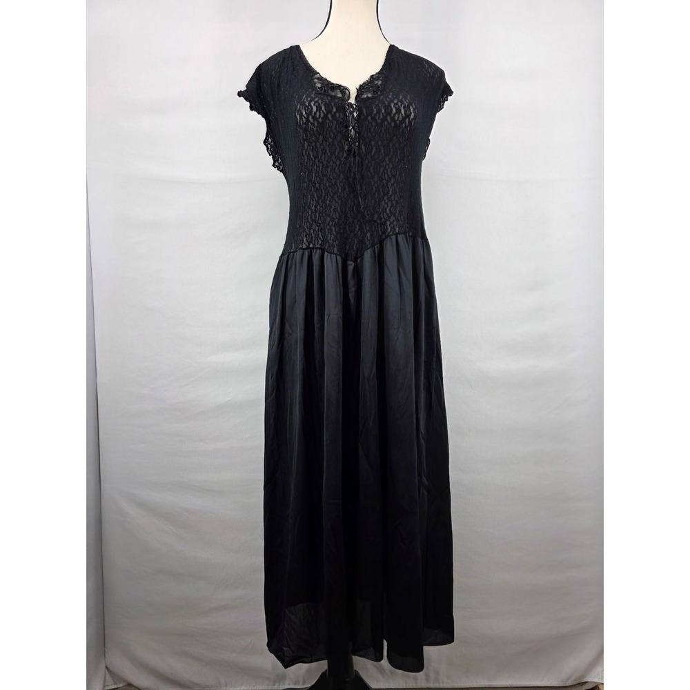 Adonna Vintage Black Lace Sequin Maxi Nightgown Lingerie Dress Large Made in USA